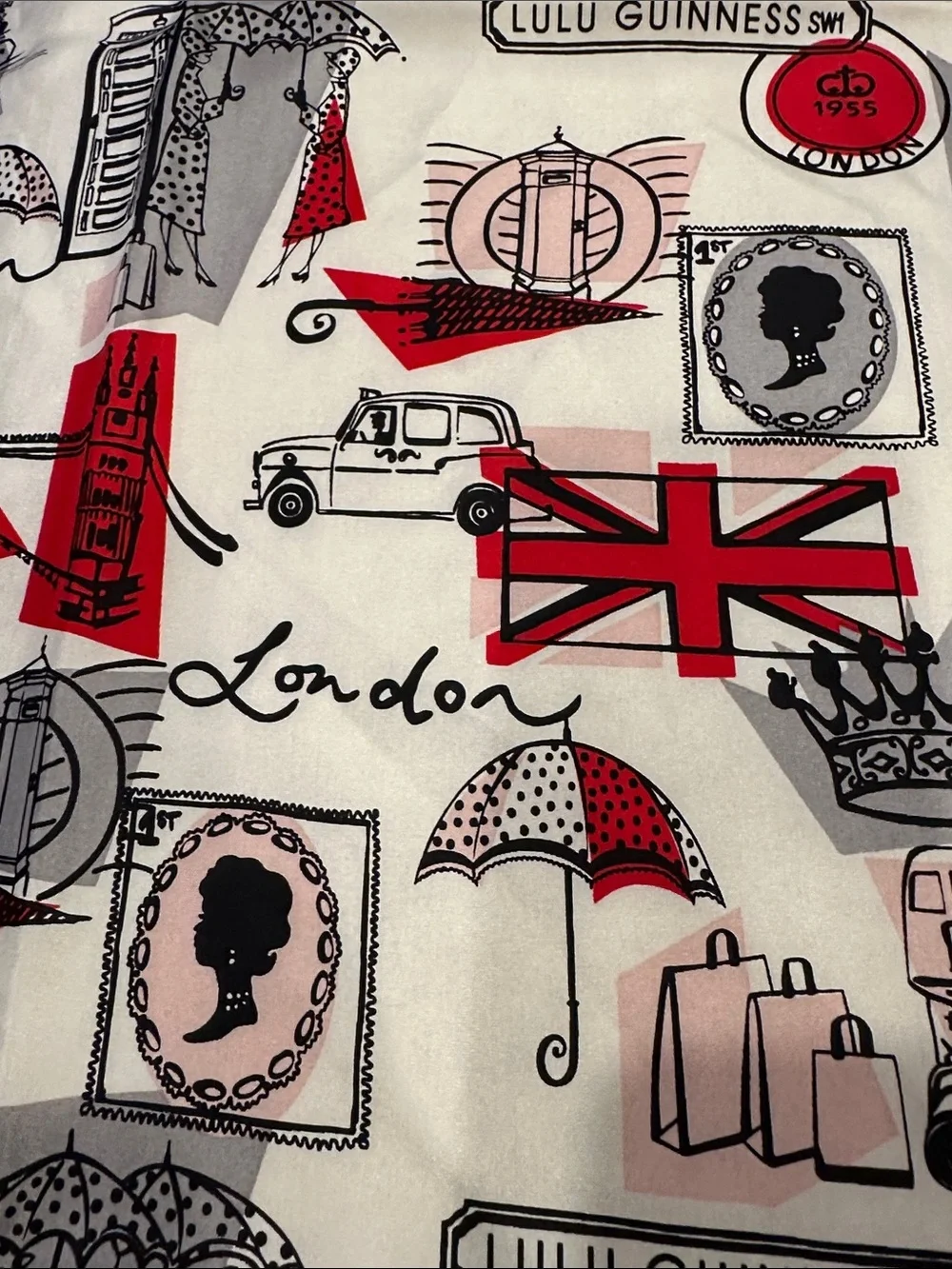 Lulu Guinness Red Black Pink London Motif Scarf 100 % silk